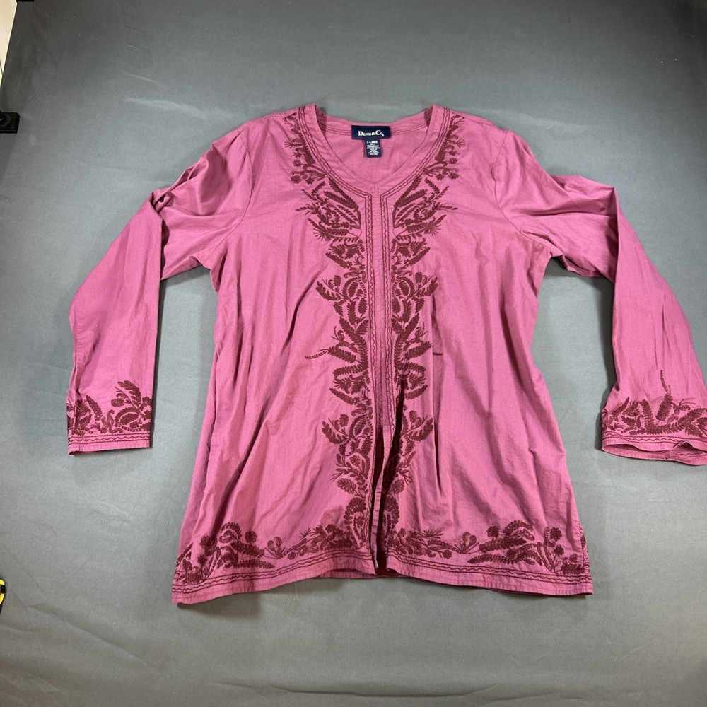 Denim & Co Pink Floral Embroidered V-Neck Tunic Blouse XL